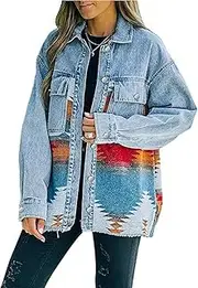[Valtorixia] Women's Oversized Patchwork Denim Jacket Long Sleeve Jacket Top Button Front Oversized Denim with Pockets