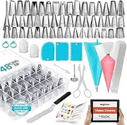 RFAQK 100PCs Piping Bags and Nozzles -48 Numbered Icing Tips Set, Cookie Cupcake, Cake Decorating Kit Baking Supplies Tools Frosting Piping Tips, Reusable & Disposable Pastry Bags Icing Spatula