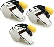Three Stainless Steel Sports Whistles with Lanyard, Loud Crisp Sound Whistles Great for Coaches, Referees, and Officials