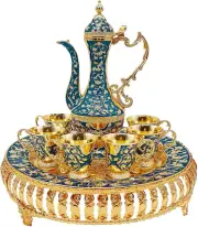 Turkish Coffee Cup and Tea Pot Set Including Teapot,Tea Tray,6 Metal Cups,Tea Se