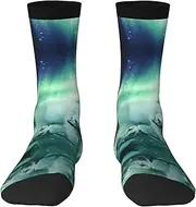 [JEJEA] Northern Lights Polar Bear print Socks For Men and Women Men's Moisture Control Crew Socks Gifts For Golf, Hunting, Camping