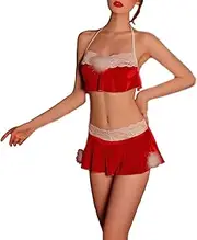 [DONA GRACIA] Lingerie for Women Crop top and Skirt Two Piece Red Velvet Santa Christmas Lingerie White Lace and Feather Pom Pom