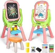 Breibowski Kids Art Easel and Toddler Ease,Equipped with A Little Bench, Blackboard and Whiteboard, Toddler Art Supplies, Drawing Easel for Toddlers 3-5,Gifts for Children (Pink+Green)