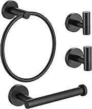 Lairuier Bathroom Hardware Set, 4-piece Towel Bar Set Include Toilet Paper Holder,Towel Ring and 2 towel hooks Stainless Steel Wall Mounted Bathroom Hardware Accessories Set (Matte Black)