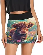 [RPLIFE] Cute Highland Cow Flowers Field Workout Mini Skirt, High Waisted Athletic Short, Activewear Skort Women