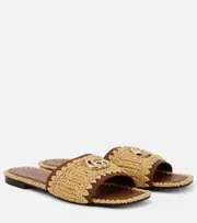 [Gucci] Gucci Double G leather and raffia slides AU 7 brown