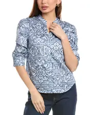 T Tahari Ruched Sleeve Button-Up Split Neck Top