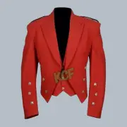 Men's Scottish Red Wool Prince Charlie Wedding Kilt Jacket & 3 Button Vest