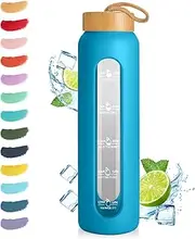 [Sursip] 32 oz Glass Water Bottle with Time Marker,1 Liter BPA-Free Reusable Motivational Water Bottle with Non-Slip Silicone Sleeve and Bamboo Lid, Ice Cube Tray, Leak-Proof, Dishwasher Safe