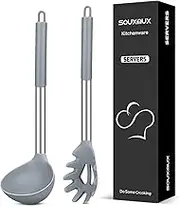 Silicone Pasta Fork and Soup Ladle Set, Non-Stick BPA Free Heat-Resistant Handy Kitchen Utensils for Cooking, Serving, Draining, Stirring (Grey)