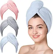 ETHEL Microfiber Hair Towel Wrap, 3 Packs Hair Turbans Super Absorbent for Wet Hair, Drying Hair Wrap Towels for Curly Hair Women Anti Frizz (Gray+Pink+Blue)
