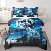 Feelyou Kids Wolf 7 Piece Bedding Set King Size, Galaxy Howling Wolf Bed in a Bag for Kids Toddler Boys Girls Blue Starry Sky Bed in a Bag with Comforter, Sheets, Pillowcases & Cushion Cover