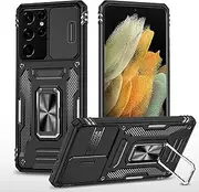 Slide Camera Case for Samsung Galaxy S21 Ultra,Kickstand with Built-in 360° Rotate Magnetic Ring Stand Shockproof Protective Armor Cover,Black