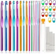 Vodiye 37 PCS Crochet Hooks Set, High Quality Coloured Aluminum Ergonomic Handle Crochet, Hook Needles for Arthritic Hands, with Stitch Markers and Large-Eye Blunt Needles