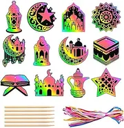 24 Pcs Ramadan Scratch Paper Kit, Rainbow Scratch Paper Art, Eid Mubarak Paper Scratch Off Card, Magic Rainbow Scratch Art Paper Cards, Ramadan DIY Rainbow Hanging Ornament for Kids