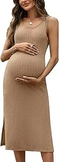 [Chicmelody] Womens Maternity Dress Sleeveless Side Split Bodycon Tank Dress Rib Knit Pregnancy Dress