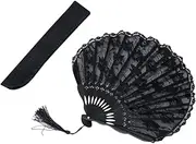 RORPOIR Lace Fans Handheld Japanese Style Shell Shape Fan with Tassel Black Lace 24cm Round Fan Sleeve