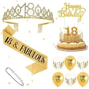 18th Birthday Sash Crown Set Glitter Girl Birthday Queen Sash Tiara Set with 6 Balloons Decorative Rhinestone Birthday Crown Happy Birthday Cake Topper Party Supplies for Birthday