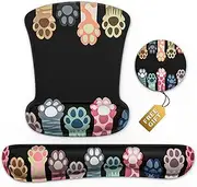 Black Wrist Rest Support Ergonomic Gel Mouse Pad & Memory Foam Keyboard Set Non-Slip Rubber PU Base Easy Typing and Relieve Wrist Pain Mouse Mat for Computer Office - Colorful Cat Paws