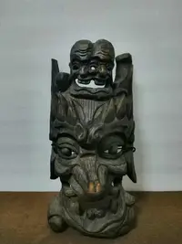 在飛比找Yahoo!奇摩拍賣優惠-西南地區少數民族土著木雕藝術手工雕刻鏤空頭像面具老木雕大尺寸
