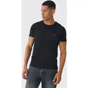 Mens Black Regular Fit Broken Heart Embroidered T-shirt