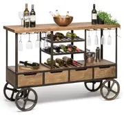 Industrial Wooden Drinks Trolley Bar Cart Station with Wine Rack Storage