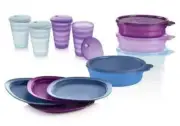 NEW Tupperware Impressions Essential Set plate bowl seal tumbler purple blue