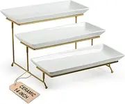 Large 3 Tier Serving Stand Tiered Serving Trays Collapsible Sturdier Rack with 3 Porcelain Serving Platters for Fruit Dessert Presentation Party Display Set, 14 Inch