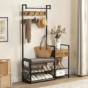 6-in-1 Hall Tree Entryway Bench, Shoe Rack for Entryway, Coat Rack with Storage Bench and Drawer, 6-in-1 Entryway Bench with 9 Hooks, Hanging Rod, Soft Cushion and Hanging Rod, Rustic Brown