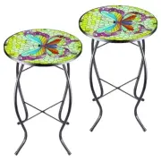 2PCS 14 Inch Small Outdoor Side Table with Colorful Butterfly, Glass Mosaic