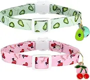 Cat Collars Breakaway with Bell - 2 Pack Cat Safety Collars for Boys & Girls Cats- Safety Buckle Kitten Collar Avocado Cherry Fruit Style Kitty Collars (Green & Cherry)