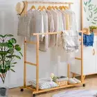 Rolling Bamboo Clothes Rack Clothing Storage Shelf Wardrobe Rack w/ Double Rails