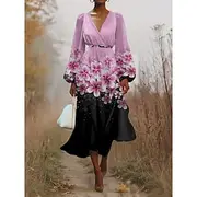 Women's Midi Dress Casual Dress Chiffon Swing Dress Modern Vacation Daily Weekend Regular Fit Floral Long Sleeve V Neck Pink Summer Spring Fall Autumn