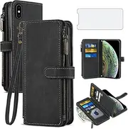 Asuwish Phone Case for iPhone Xs Max Wallet Cover with Tempered Glass Screen Protector Leather Flip Credit Card Holder Cell Accessories i X XR Xsmax 10x SX Xmax 10xs 10s 10 Plus Xmaxs Women Men Black