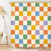 Miyotaa Groovy Retro 70s Plaid Shower Curtain Set 60Wx71H Inches Cute Checkered Vintage 60s Colorful Modern Aesthetic Funky Hippie Polyester Bathroom Curtain with 12 Hooks