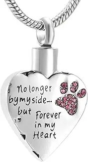 KETIME Hold Pink Crystal Paw Print Memorial Pendant -No Long by My Side,Forever in My Heart Cremation Urn Necklace for Pet