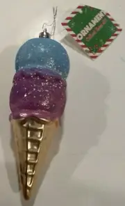 Double Dip Ice Cream Sugar Cone Blueberry over Raspberry with Sprinkles Ornament