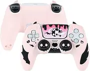 GeekShare PS5 Controller Skin Set,Anti-Slip Silicone Protective Cover Skin Case for PS5 Wireless Controller with 2 Thumb Grip Caps and 1 Sticker - Sweetheart Skull (Pink)