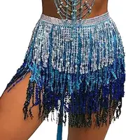 [Generic] Belly Dance Sequin Tassel Skirt Hip Scarf Belt Mini Skirt Festival Rave Clothing for Women