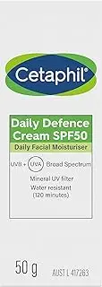 Cetaphil Daily Defence Cream SPF 50, Daily Facial Moisturiser with UVB & UVA, Mineral Sunscreen Powered by Micronised Zinc Oxide Technology, Dermatologist Tested for Sensitive Skin