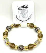 7" Gray Glass, Austrian Crystal & Pave Rhinestone Beaded Stretch Bracelet