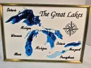 Great Lakes 3D depth Map with Brass Frame -Shelf, Desk or Wall Mount 3D Printed.