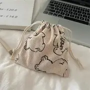 Bear Print Corduroy Drawstring Pouch Off-White - One Size