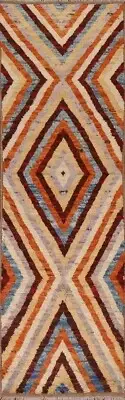 Thick-Plush Modern Moroccan Geometric Runner Rug Wool Handmade Carpet 3x10