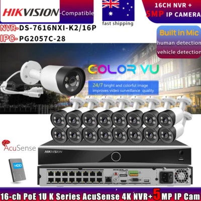 Hikvision Compatible COLOR Bullet 5MP IP Camera+DS-7616NXI-K2/16P NVR System Lot
