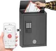 Mailbox with Electronic Lock, Wall Mount Locking Postbox for House, OTP/APP Bluetooth/Wi-Fi/Fixed Code/Key Unlock, Large Capacity for Collect Letters, Key Drop Box, Black, Waterproof, 14x4x10in