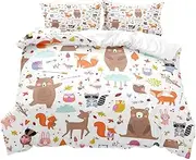 [LUVIVIHOME] 3PCS Cute Fox Owl Racoon Rabbit Deer Bear Duvet Cover Full Bedding Set, Baby Boy Girl Toddler Nursery Kids Bedding, Woodland Animals White Comforter Bedspread Quilt Cover, 2 Pillow Shams