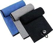 Golf Towels,3 Pack Tri-fold Golf Towel for Golf Bags with Carabiner Clip, Premium Microfiber Waffle Pattern Golf Towel for Men Women (Black/Gray/Blue)