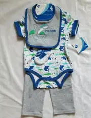 Sz 9-12Mos Baby Gear 4PC Set Bodysuit Pants Bib Socks Cute Shark Print Design
