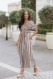 [PUP3] Sullivan Puff Sleeve Maxi Dress - Chocolate Stripe XS Chocolate Brown